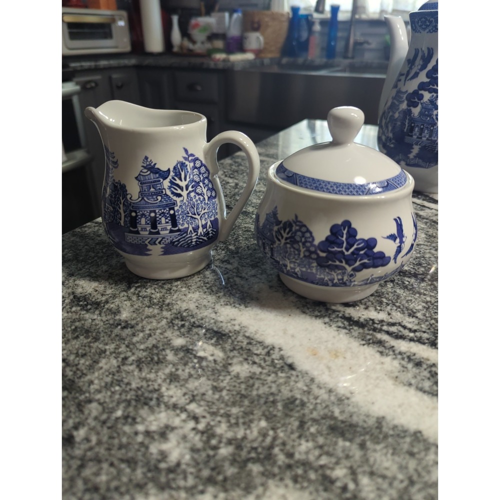 Vintage Royal Cuthbertson Blue Willow Sugar Bowl w/ Lid & Creamer Set